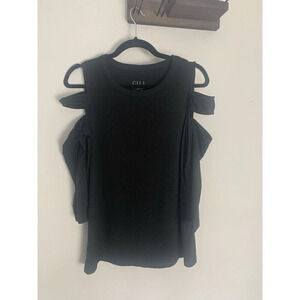 G.I.L.I Women’s Black Cold Shoulder 3/4 Sleeve Crew Neck Pullover Top Large